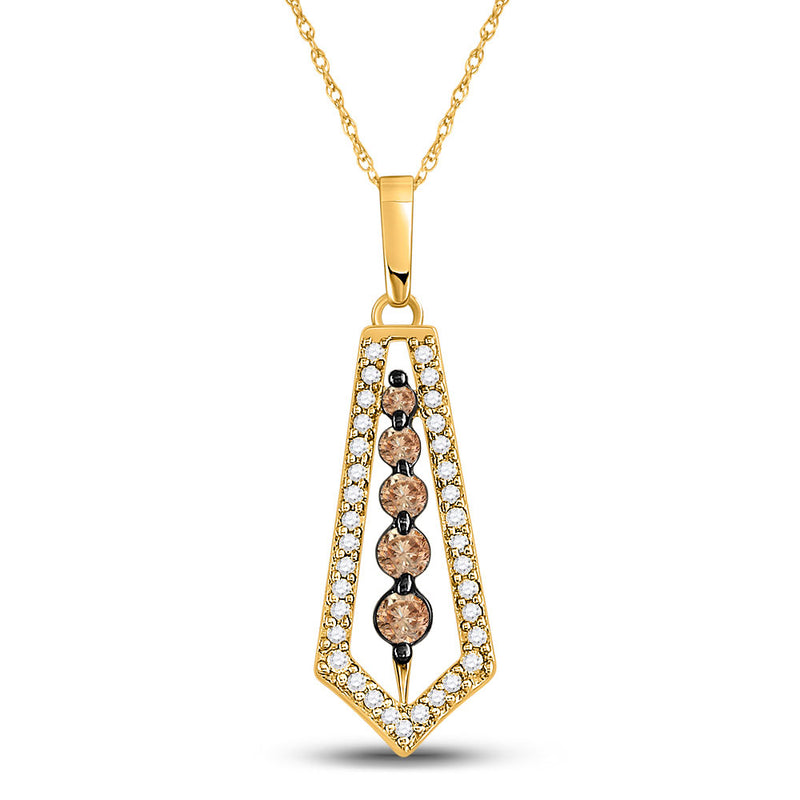 14kt Yellow Gold Womens Round Brown Diamond Vertical Journey Pendant 1/2 Cttw