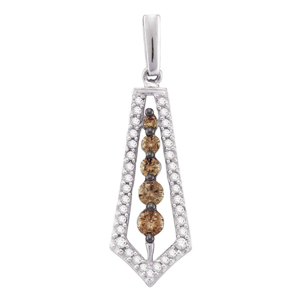 14kt White Gold Womens Round Brown Diamond Vertical Journey Pendant 1/2 Cttw