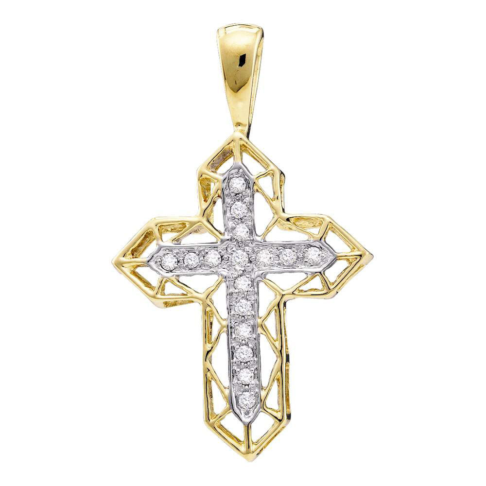 10kt Yellow Gold Womens Round Diamond Two-tone Cross Religious Pendant 1/8 Cttw