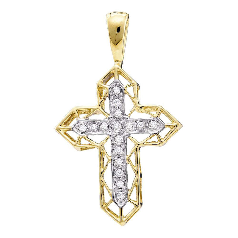 10kt Yellow Gold Womens Round Diamond Two-tone Cross Religious Pendant 1/8 Cttw