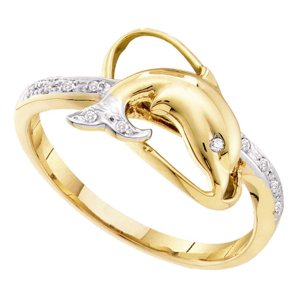 10kt Yellow Gold Womens Round Diamond Dolphin Fish Animal Ring 1/20 Cttw