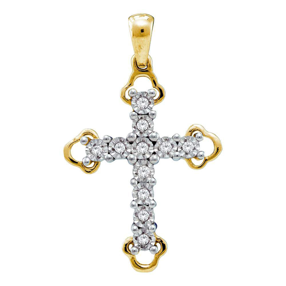 Yellow-tone Sterling Silver Womens Round Diamond Trefoil Tips Cross Pendant 1/8 Cttw