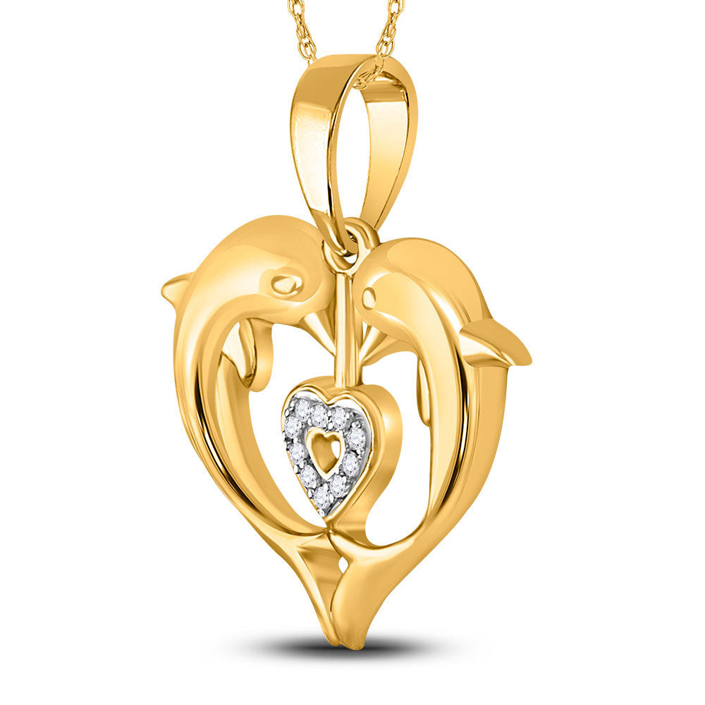 10kt Yellow Gold Womens Round Diamond Double Dolphin Heart Pendant .03 Cttw