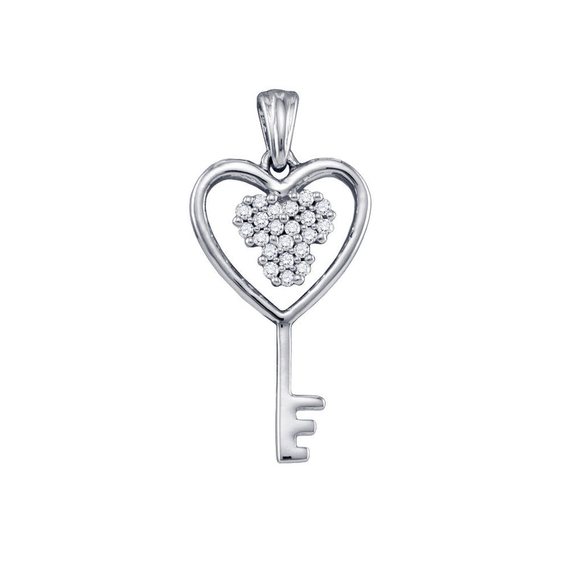 10kt White Gold Womens Round Diamond Cluster Key Heart Pendant 1/12 Cttw