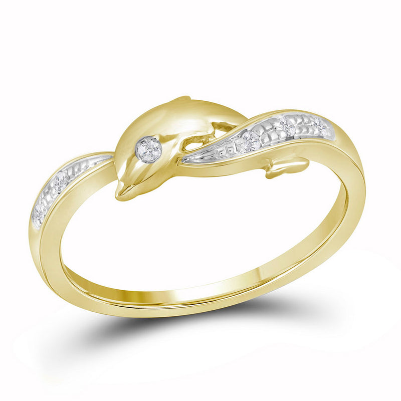 10kt Yellow Gold Womens Round Diamond Two-tone Dolphin Fish Animal Ring 1/20 Cttw