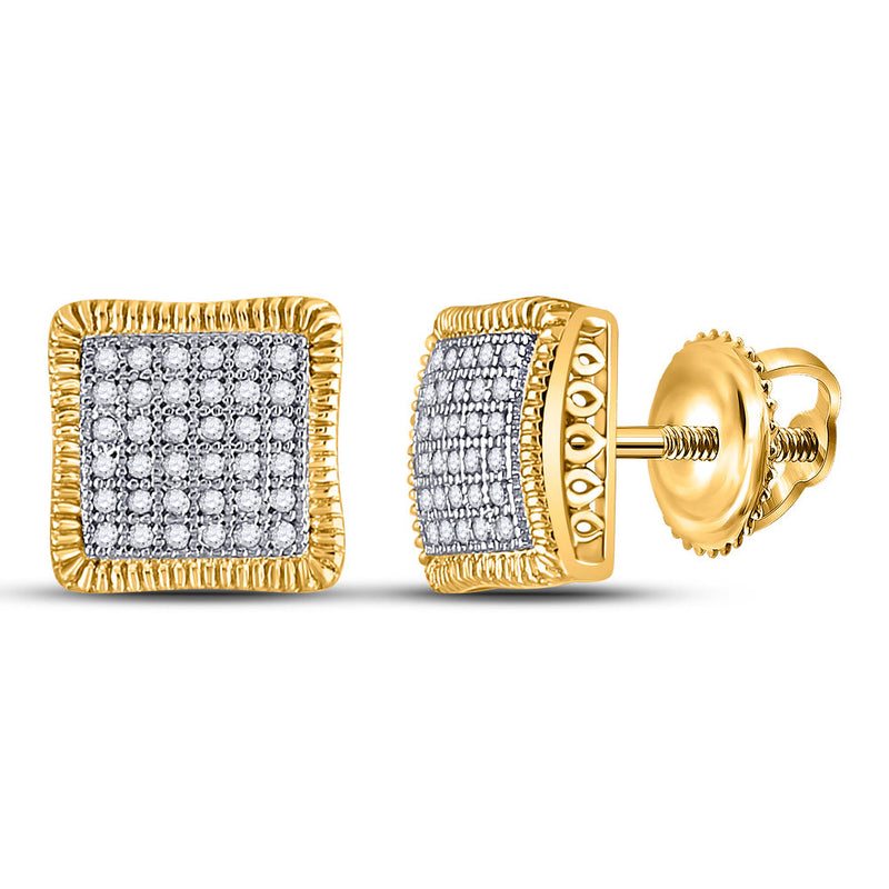 10kt Yellow Gold Womens Round Pave-set Diamond Square Cluster Milgrain Earrings 1/4 Cttw