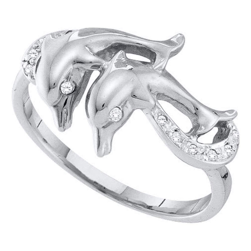 10kt White Gold Womens Round Diamond Double Dolphin Accent Ring 1/20 Cttw