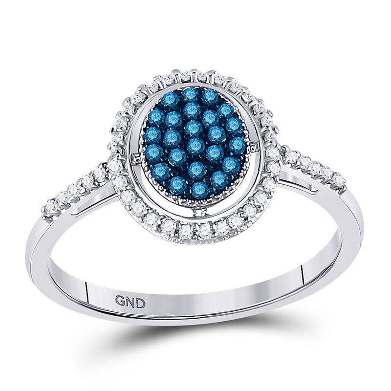 10kt White Gold Womens Round Blue Color Enhanced Diamond Oval Frame Cluster Ring 1/4 Cttw