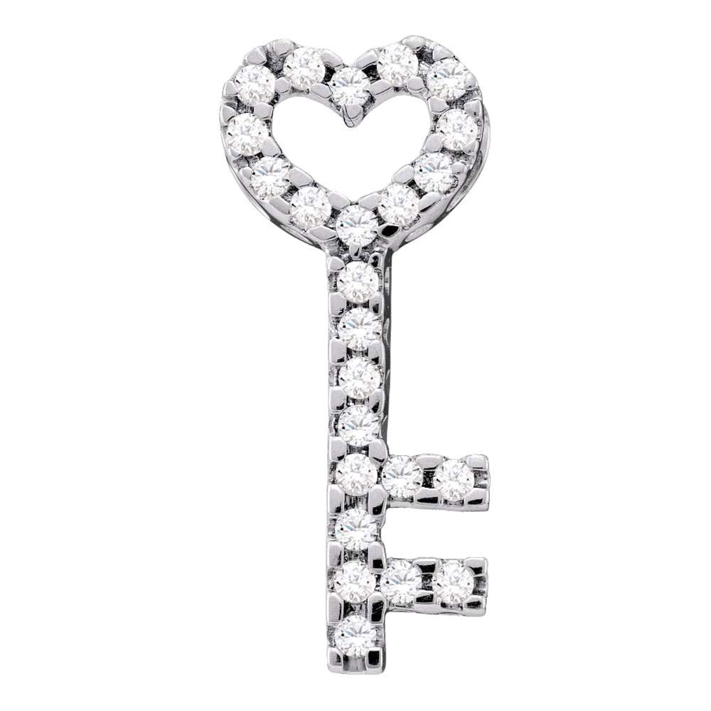 10kt White Gold Womens Round Diamond Key Heart Pendant 1/4 Cttw