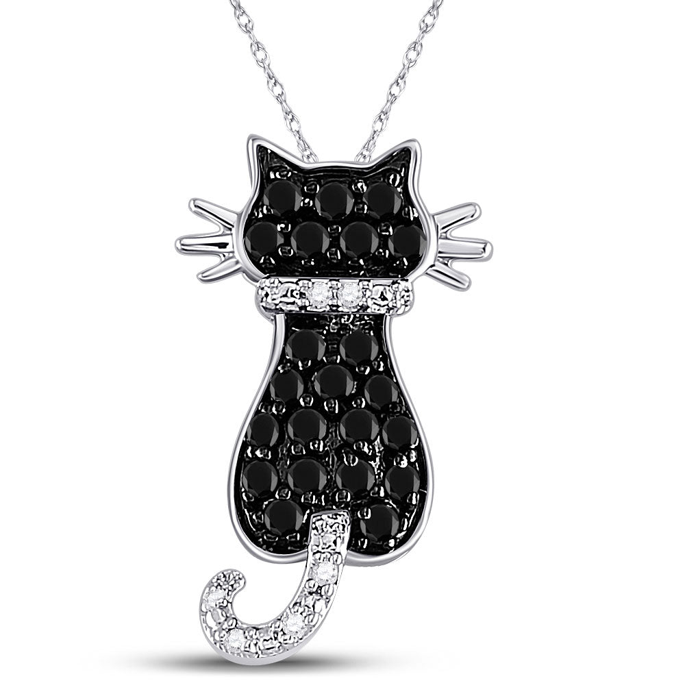 10kt White Gold Womens Round Black Color Enhanced Diamond Kitty Cat Pendant 1/3 Cttw