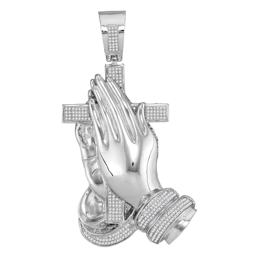 10kt White Gold Mens Round Diamond Praying Hands & Cross Charm Pendant 7/8 Cttw