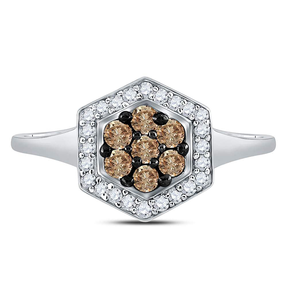 10kt White Gold Womens Round Brown Diamond Polygon Cluster Ring 1/2 Cttw