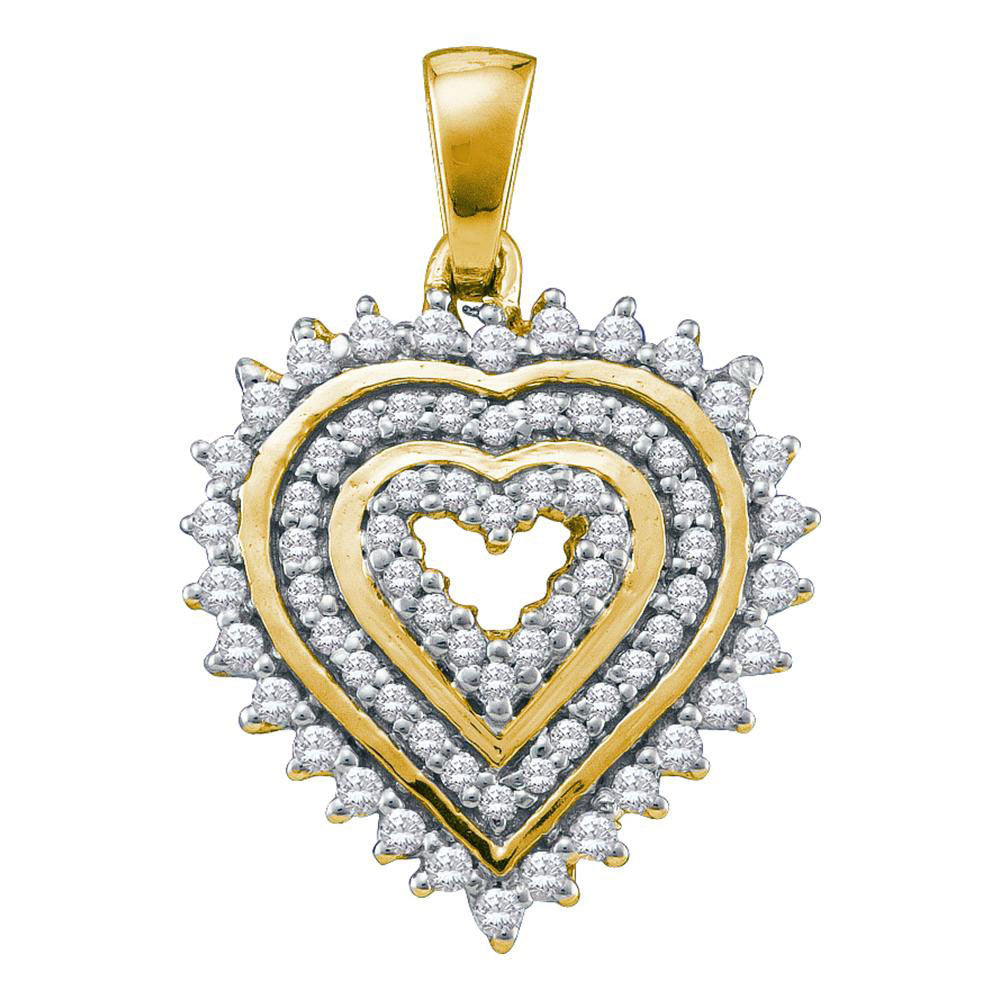 10kt Yellow Gold Womens Round Diamond Concentric Heart Pendant 1/3 Cttw