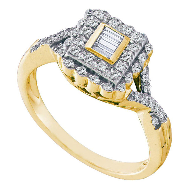 10kt Yellow Gold Womens Baguette Diamond Square Halo Cluster Ring 1/4 Cttw