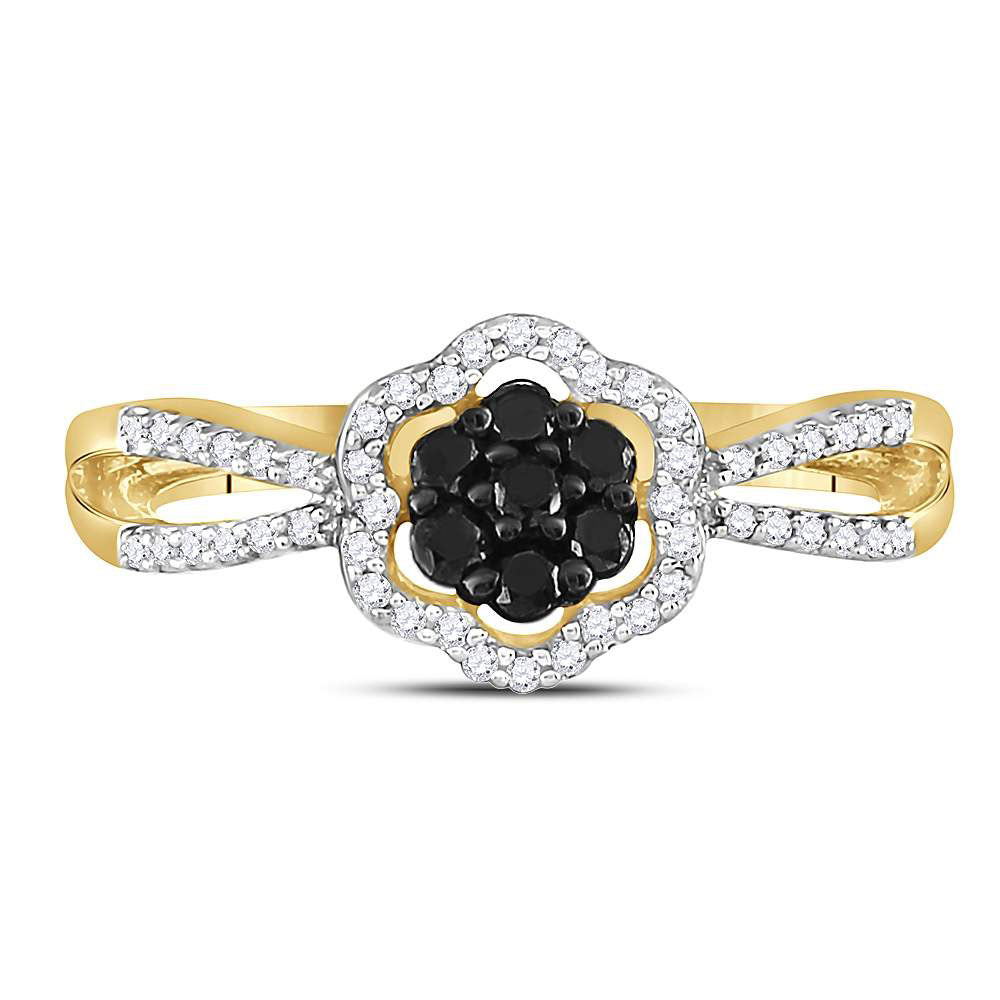 10kt Yellow Gold Womens Round Black Color Enhanced Diamond Flower Cluster Ring 1/3 Cttw