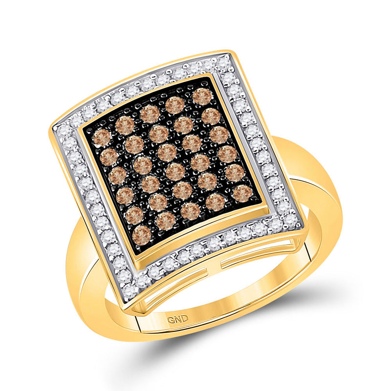 10kt Yellow Gold Womens Round Brown Diamond Rectangle Cluster Ring 1 Cttw