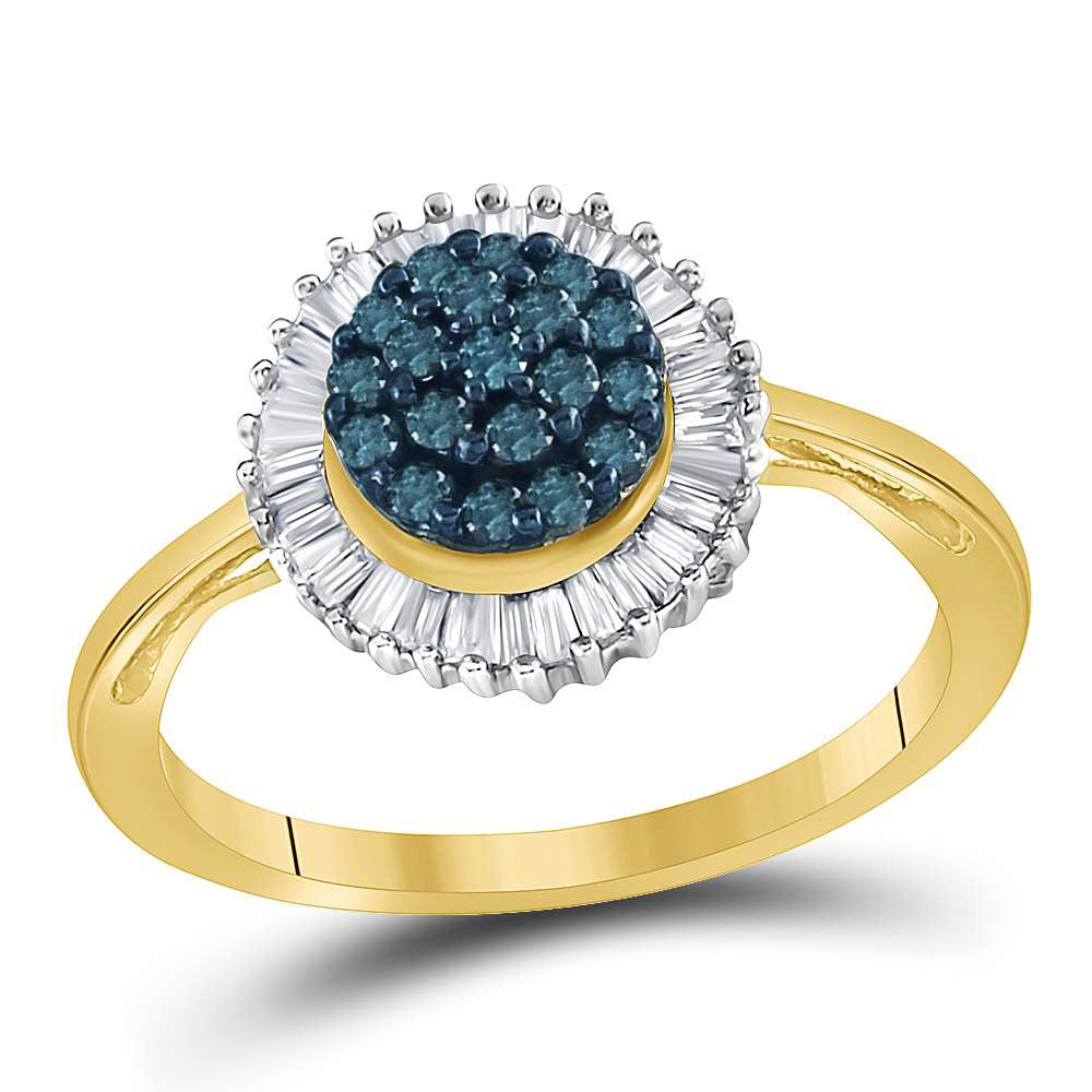 10kt Yellow Gold Womens Round Blue Color Enhanced Diamond Framed Cluster Ring 1/2 Cttw