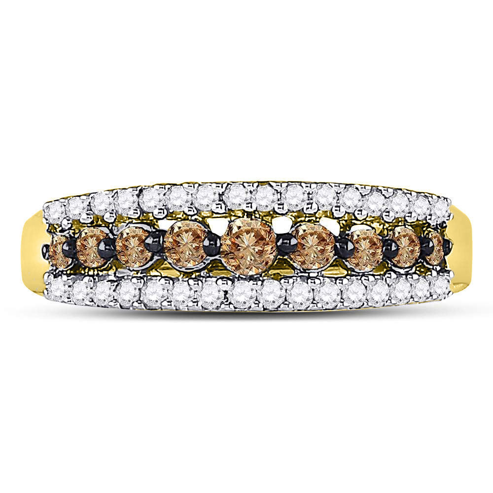 10kt Yellow Gold Womens Round Brown Diamond Triple Row Band Ring 1/2 Cttw