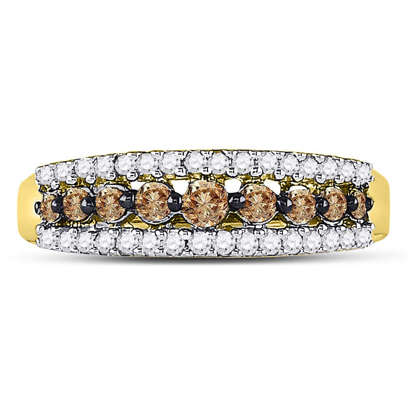 10kt Yellow Gold Womens Round Brown Diamond Triple Row Band Ring 1/2 Cttw