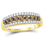 10kt Yellow Gold Womens Round Brown Diamond Triple Row Band Ring 1/2 Cttw