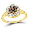 10kt Yellow Gold Womens Round Brown Diamond Polygon Cluster Ring 1/2 Cttw