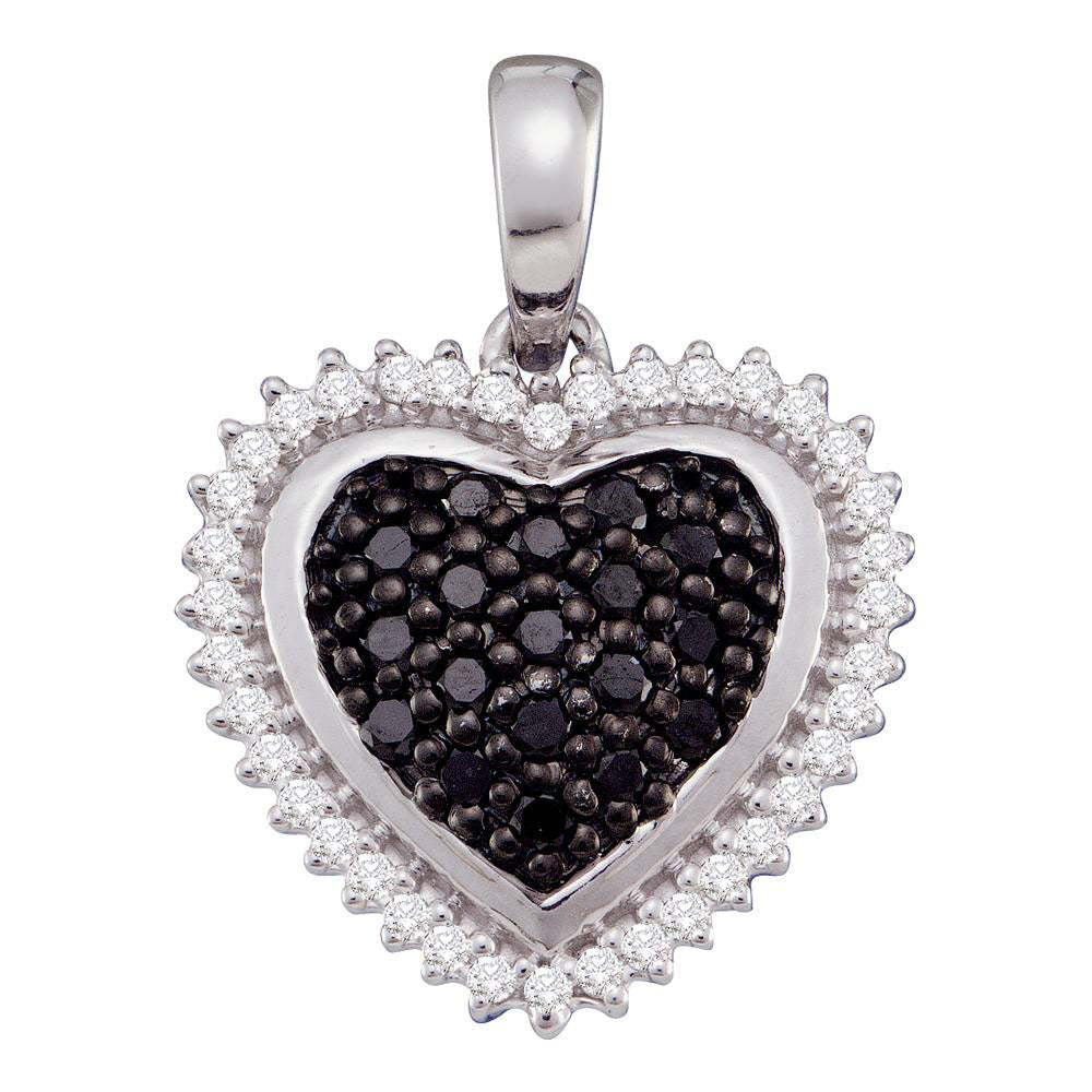 10k White Gold Black Color Enhanced Diamond Womens Cluster Framed Heart Pendant 1/3 Cttw