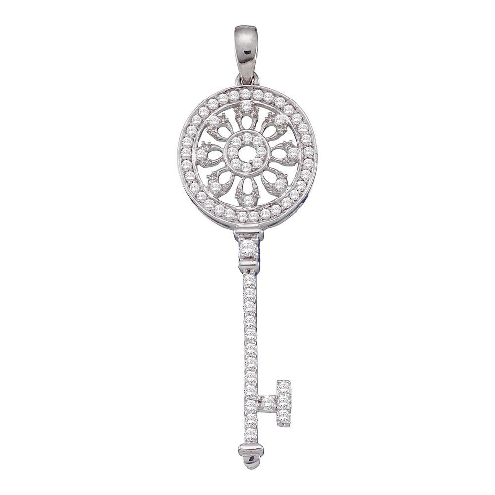 10kt White Gold Womens Round Diamond Circle Handle Antique-style Key Pendant 1/2 Cttw