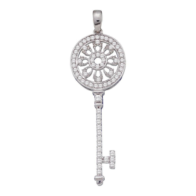 10kt White Gold Womens Round Diamond Circle Handle Antique-style Key Pendant 1/2 Cttw