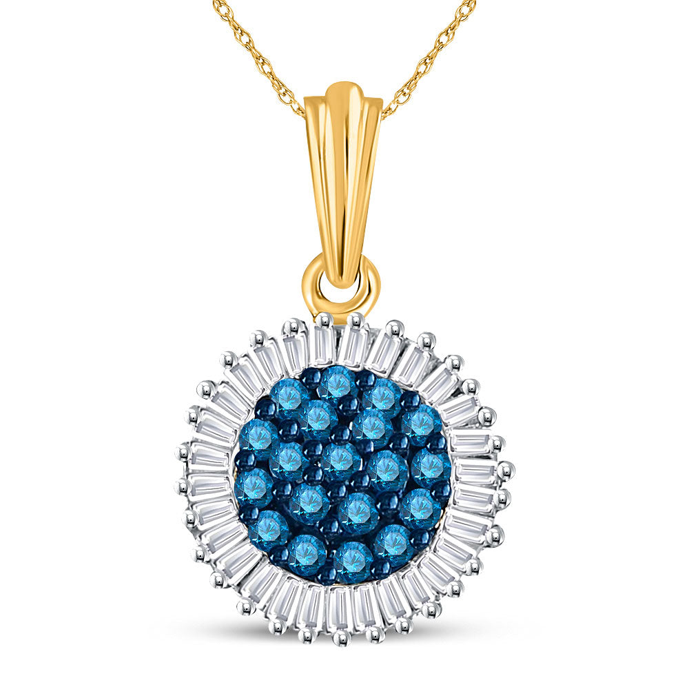 10kt Yellow Gold Womens Round Blue Color Enhanced Diamond Cluster Pendant 1/2 Cttw