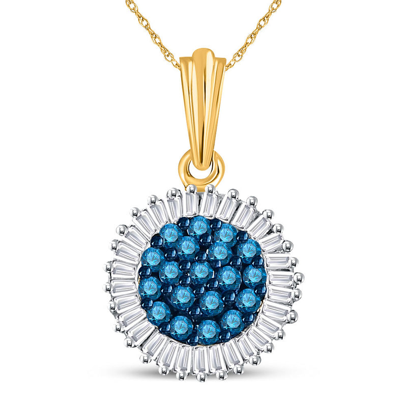 10kt Yellow Gold Womens Round Blue Color Enhanced Diamond Cluster Pendant 1/2 Cttw