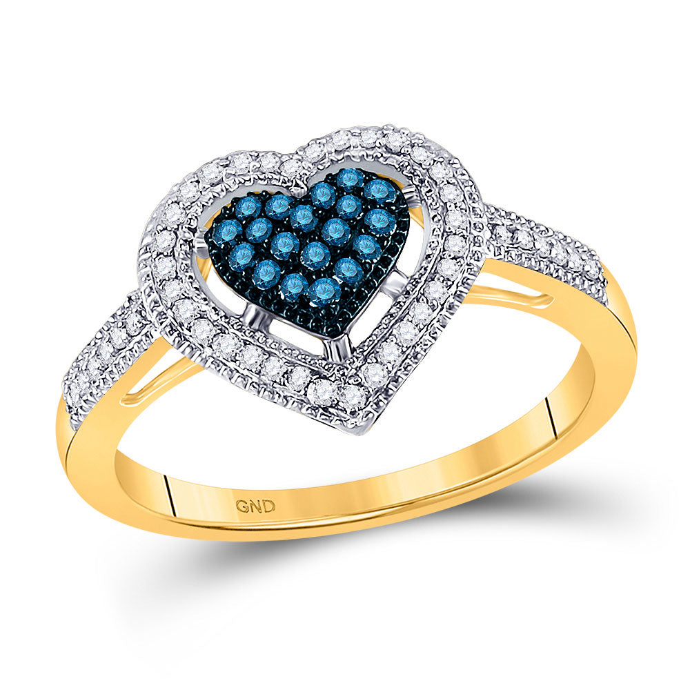 10kt Yellow Gold Womens Round Blue Color Enhanced Diamond Framed Heart Ring 1/4 Cttw