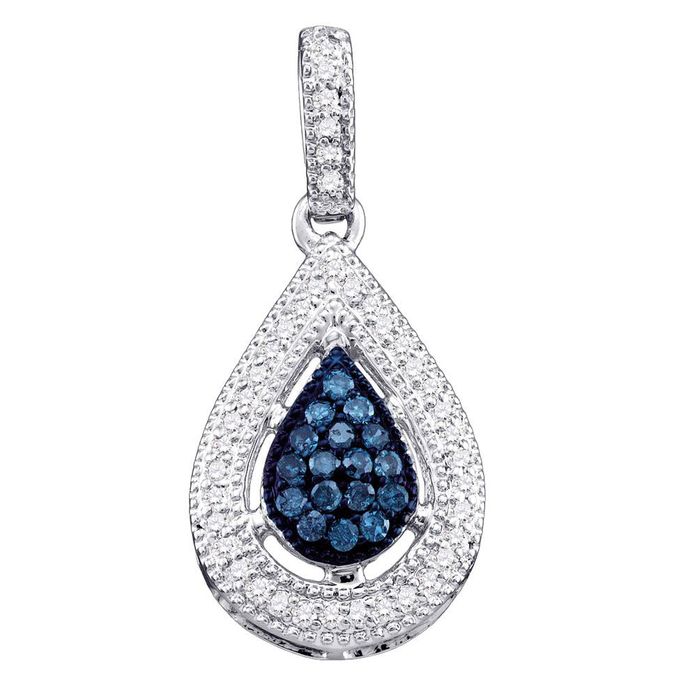 10kt White Gold Womens Round Blue Color Enhanced Diamond Teardrop Cluster Pendant 1/5 Cttw