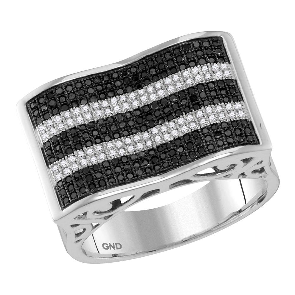 10kt White Gold Mens Round Black Color Enhanced Diamond Stripe Ring 7/8 Cttw