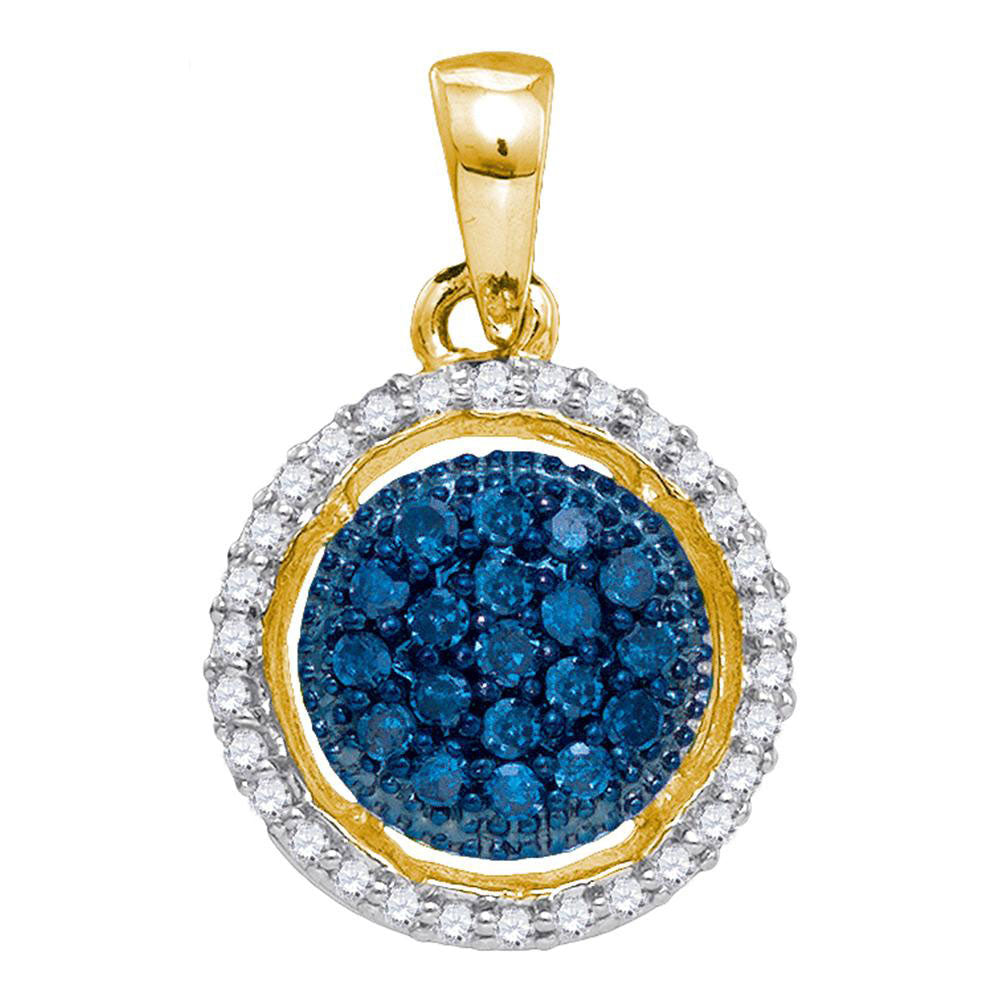 10kt Yellow Gold Womens Round Blue Color Enhanced Diamond Circle Cluster Pendant 1/5 Cttw