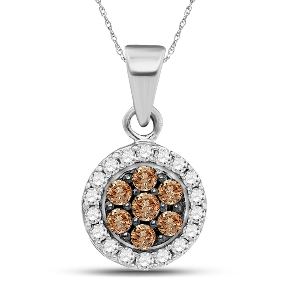 10kt White Gold Womens Round Brown Diamond Framed Flower Cluster Pendant 3/8 Cttw