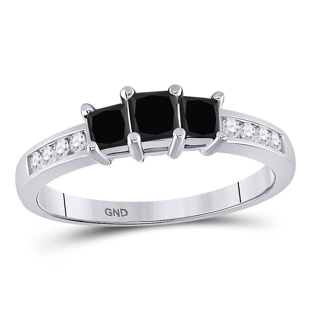 10kt White Gold Princess Black Color Enhanced Diamond 3-stone Bridal Ring 7/8 Cttw