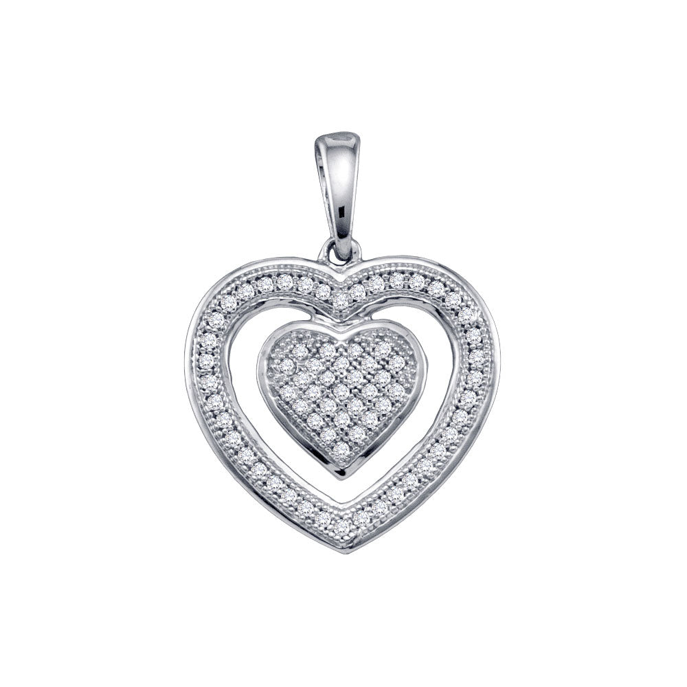 10kt White Gold Womens Round Diamond Framed Double Heart Pendant 1/5 Cttw