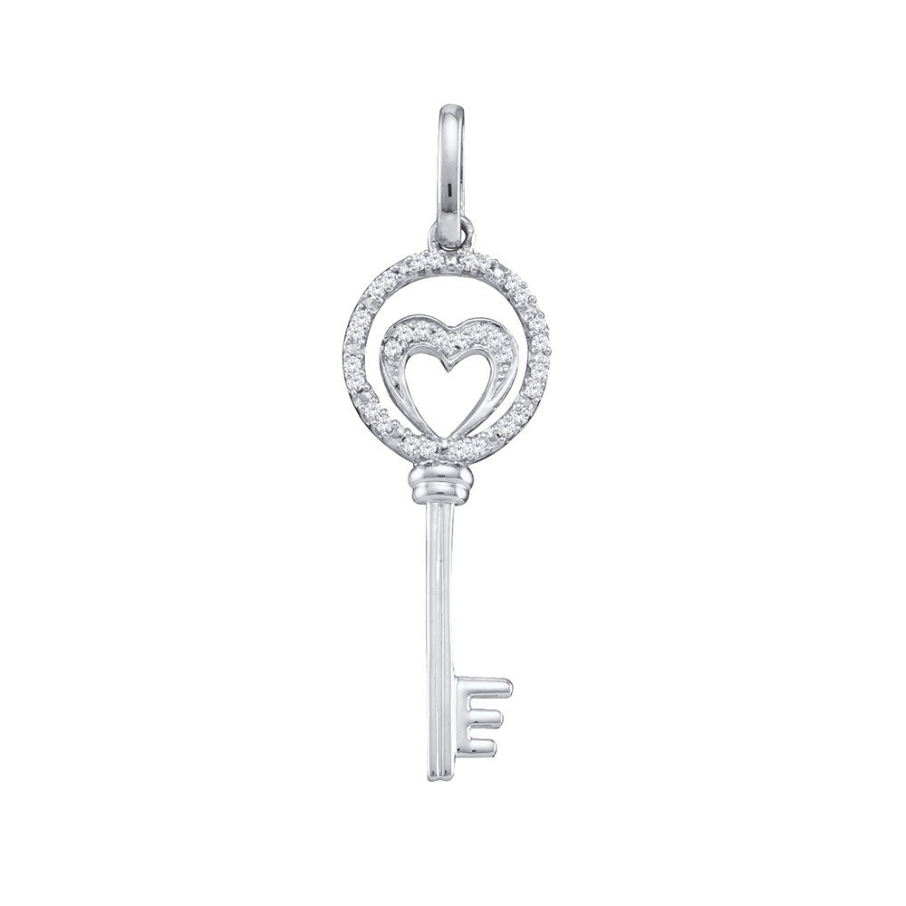 10k White Gold Round Diamond Womens Heart Key Anniversary Pendant 1/10 Cttw