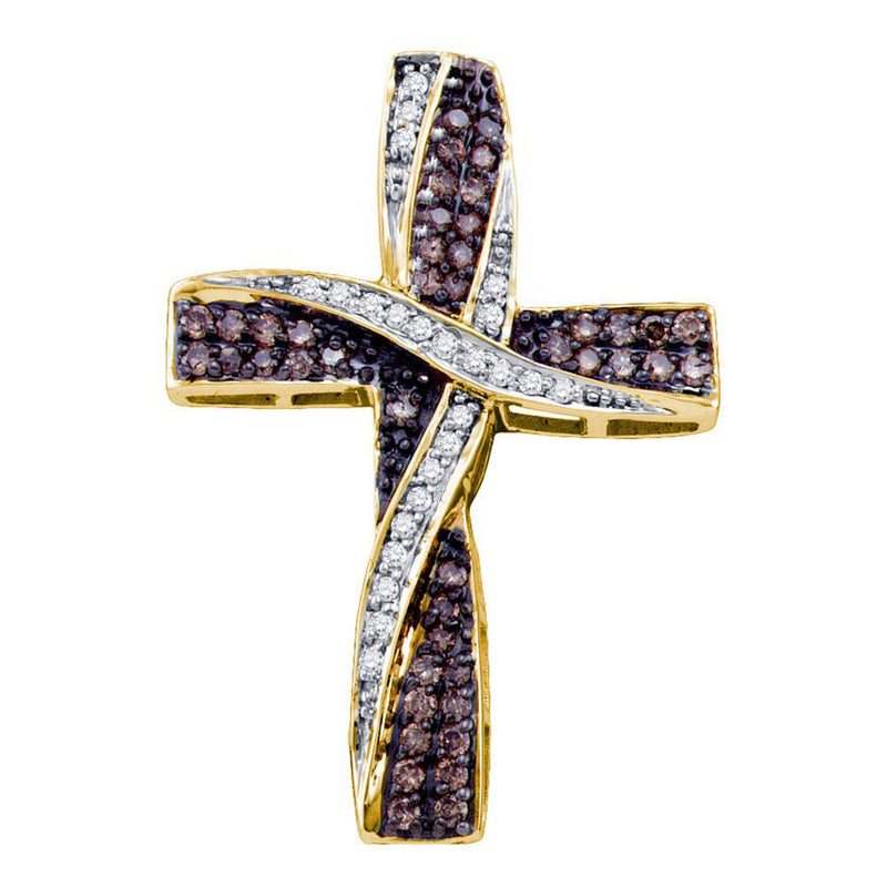 10kt Yellow Gold Womens Round Brown Diamond Cross Pendant 1/2 Cttw