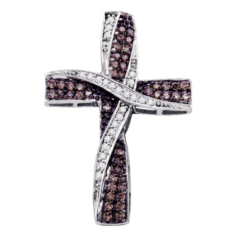 10kt White Gold Womens Round Brown Diamond Cross Pendant 1/2 Cttw