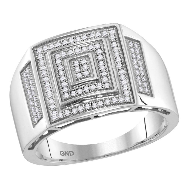 10kt White Gold Mens Round Pave-set Diamond Concentric Square Cluster Ring 1/3 Cttw