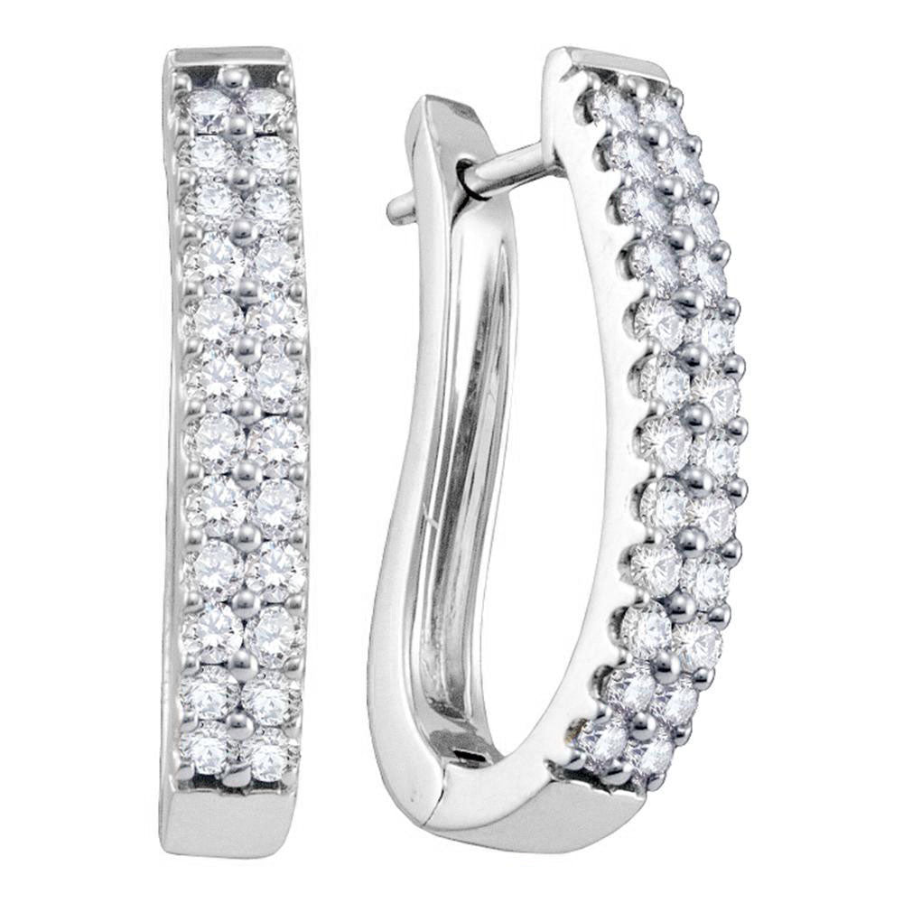 14k White Gold Round Pave-set Diamond 2-row Womens Oblong Hoop Earrings 1 Cttw