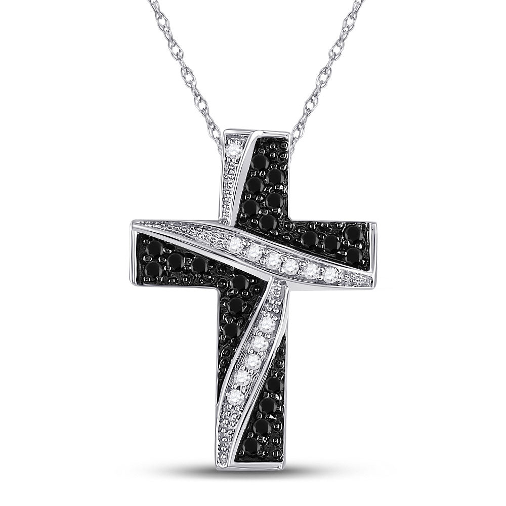 10kt White Gold Womens Round Black Color Enhanced Diamond Cross Pendant 1/4 Cttw