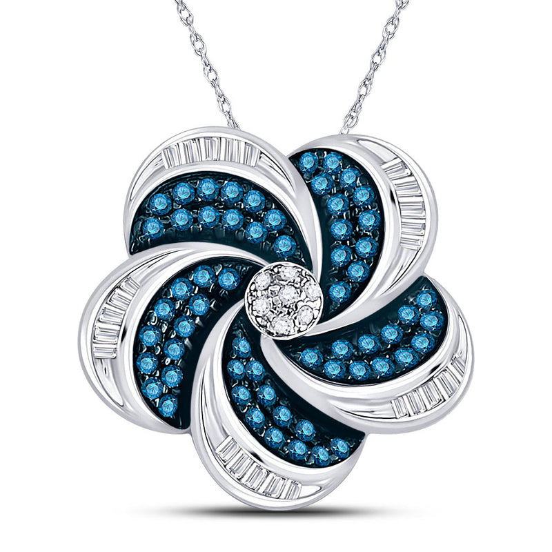 10kt White Gold Womens Round Blue Color Enhanced Diamond Pinwheel Cluster Pendant 1/2 Cttw