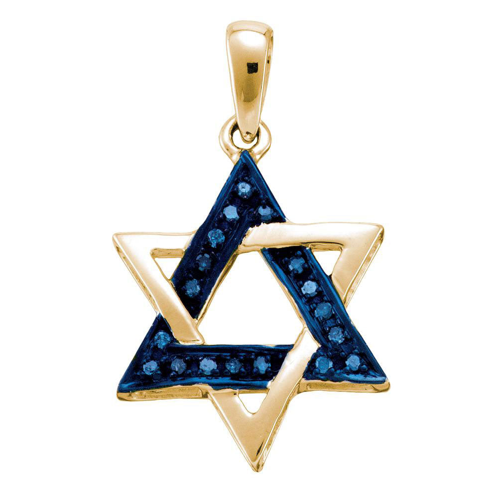 10kt Yellow Gold Womens Round Blue Color Enhanced Diamond Magen David Star Pendant 1/10 Cttw