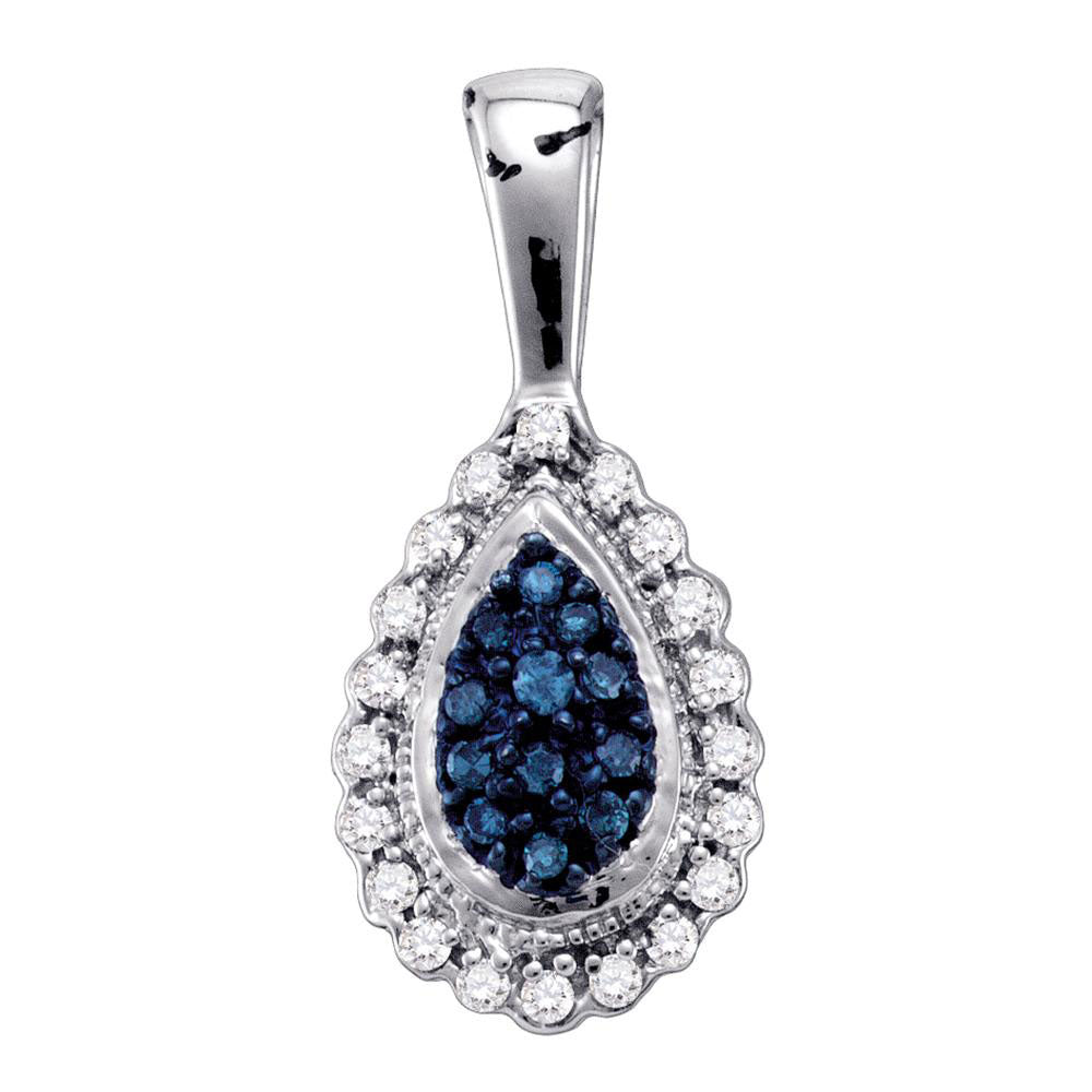 10kt White Gold Womens Round Blue Color Enhanced Diamond Teardrop Pendant 1/6 Cttw