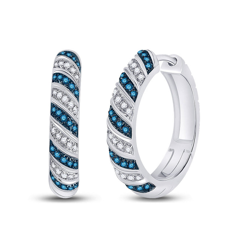 10kt White Gold Womens Round Blue Color Enhanced Diamond Striped Hoop Earrings 1/2 Cttw