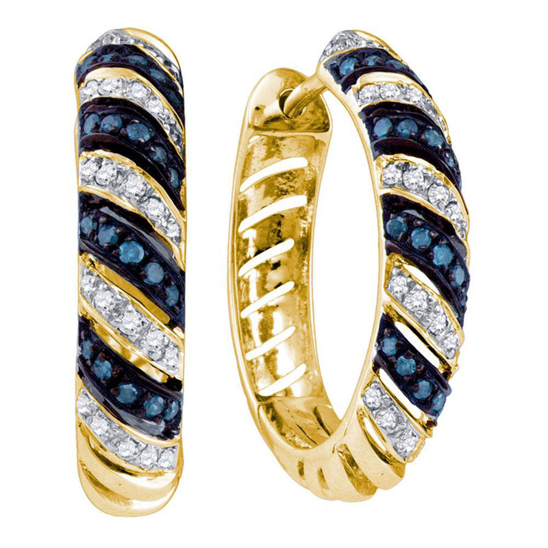 10kt Yellow Gold Womens Round Blue Color Enhanced Diamond Striped Hoop Earrings 1/2 Cttw