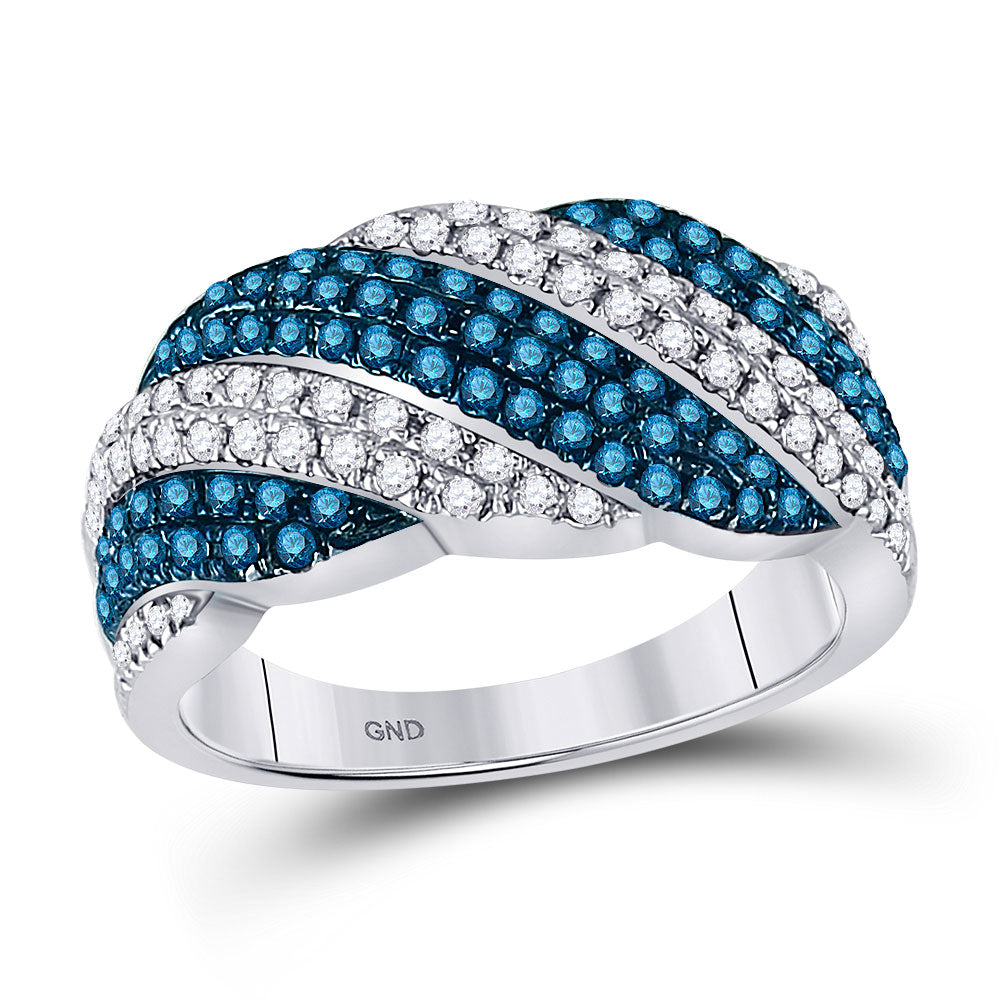 10kt White Gold Womens Round Blue Color Enhanced Diamond Striped Band Ring 7/8 Cttw