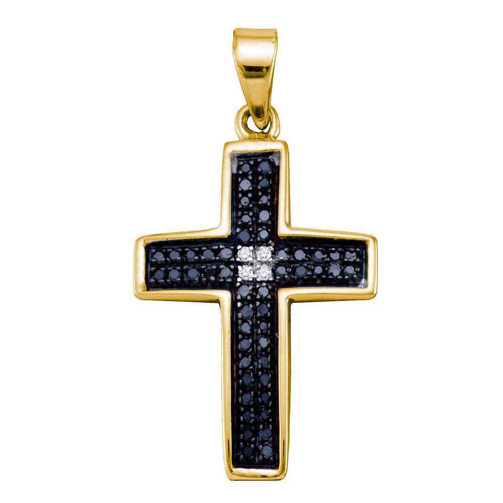 Yellow-tone Sterling Silver Womens Round Black Color Enhanced Diamond Cross Pendant 1/6 Cttw